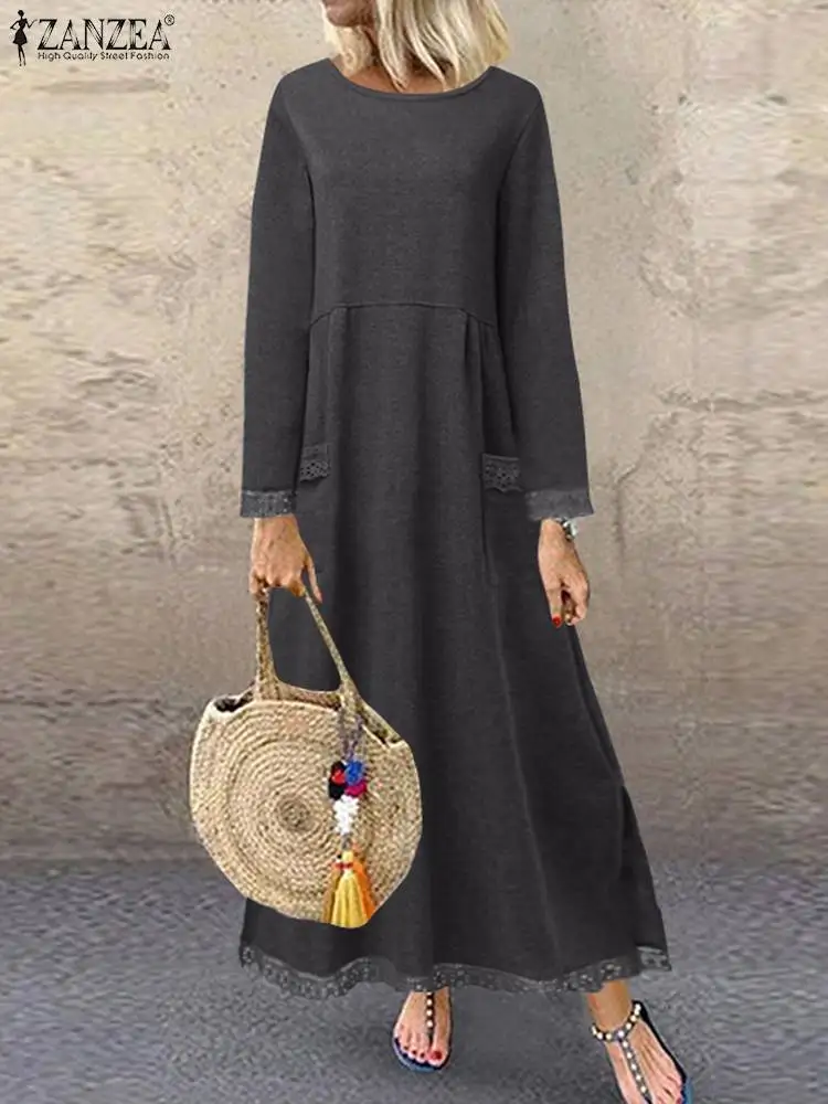 Винтажное женское платье-свитшот ZANZEA 2023 Осеннее кружевное лоскутное платье