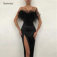 sumnus vintage high side slit black evening dresses spaghetti straps feathers prom dresses stain sleeveless vestidos de gala