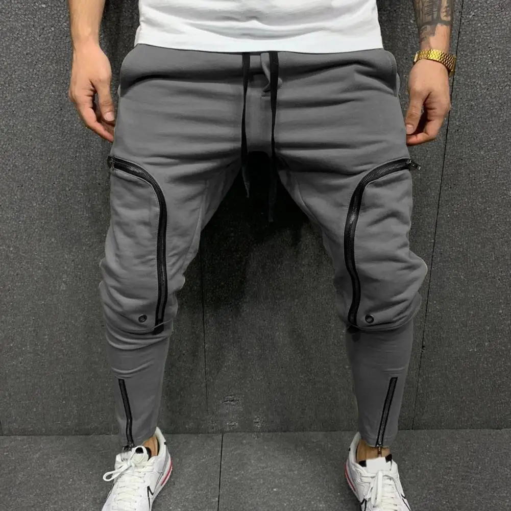 

Men Pants Solid Color Drawstring Casual Multi Zippers Pockets Trousers Casual Cargo Pants Jogger Streetwear Sports Trousers