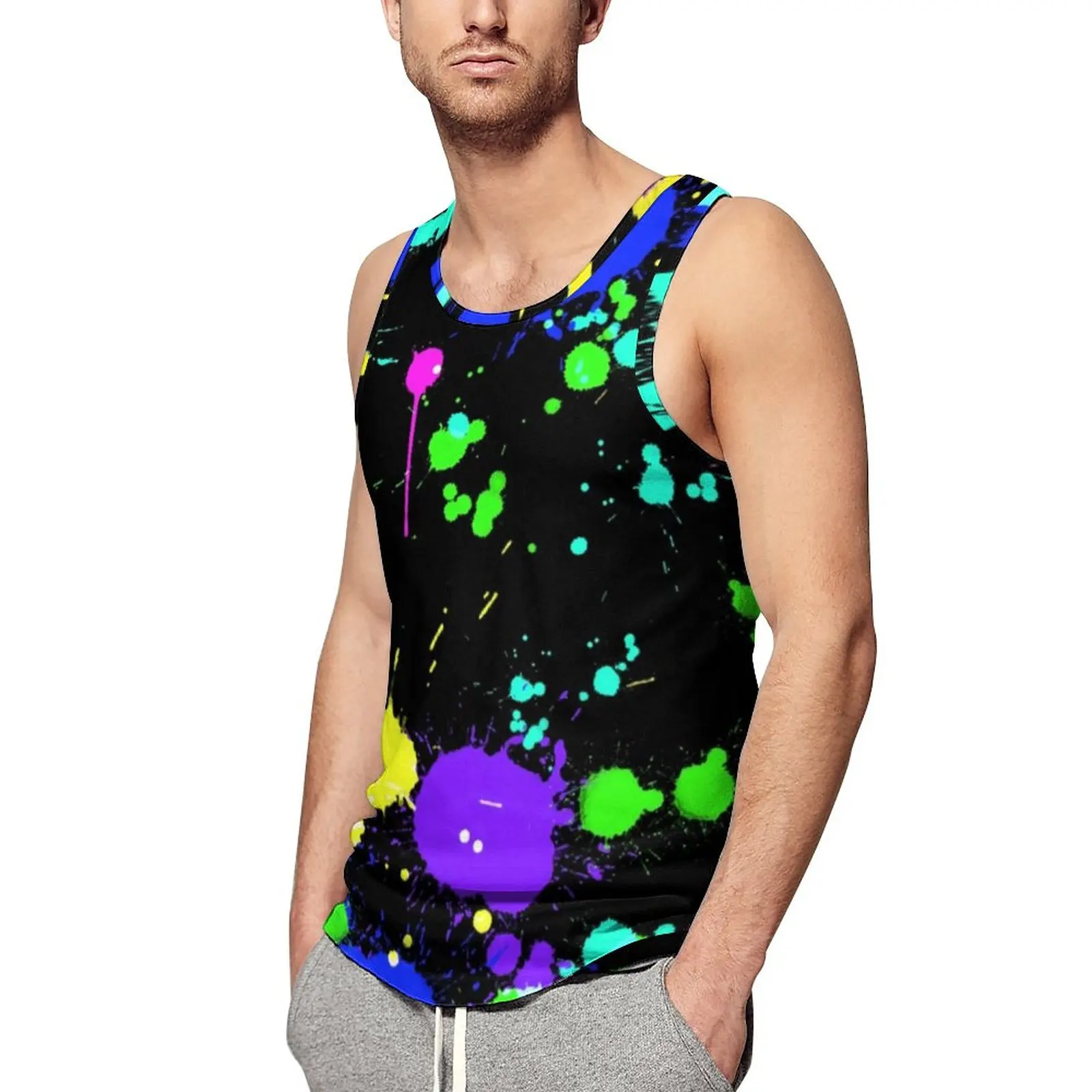 

Cool Paint Splatter Tank Top Male Neon Bright Print Bodybuilding Oversized Tops Summer Sportswear Design Sleeveless Shirts