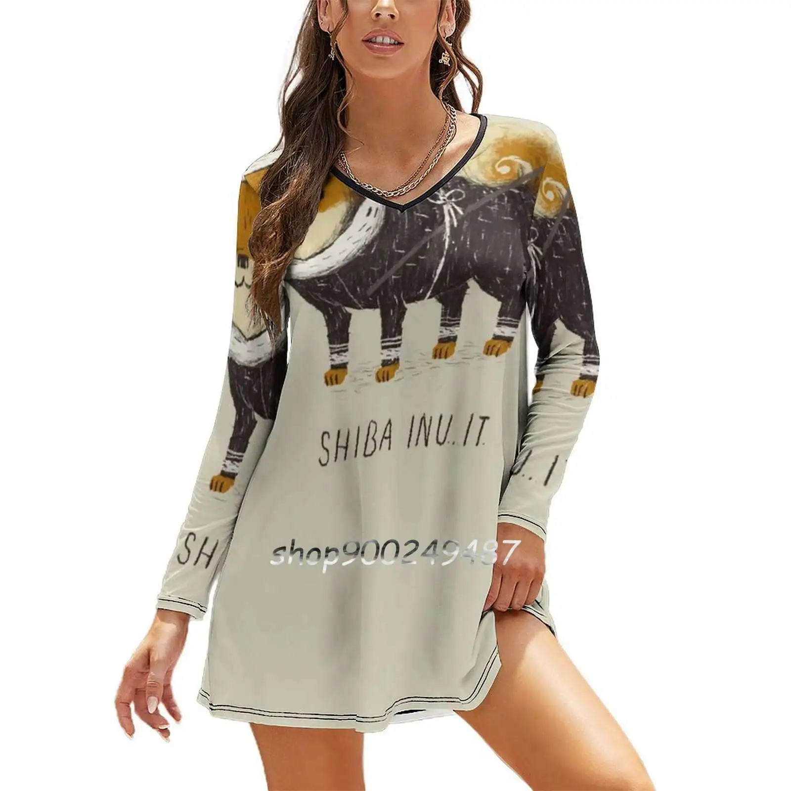 

Shiba Inu-It Slim Dress With Hollow Waist Autumn Winter Sexy V Neck Long Sleeve Dresses Shiba Shiba Inu Dog Dogs Cute Animals