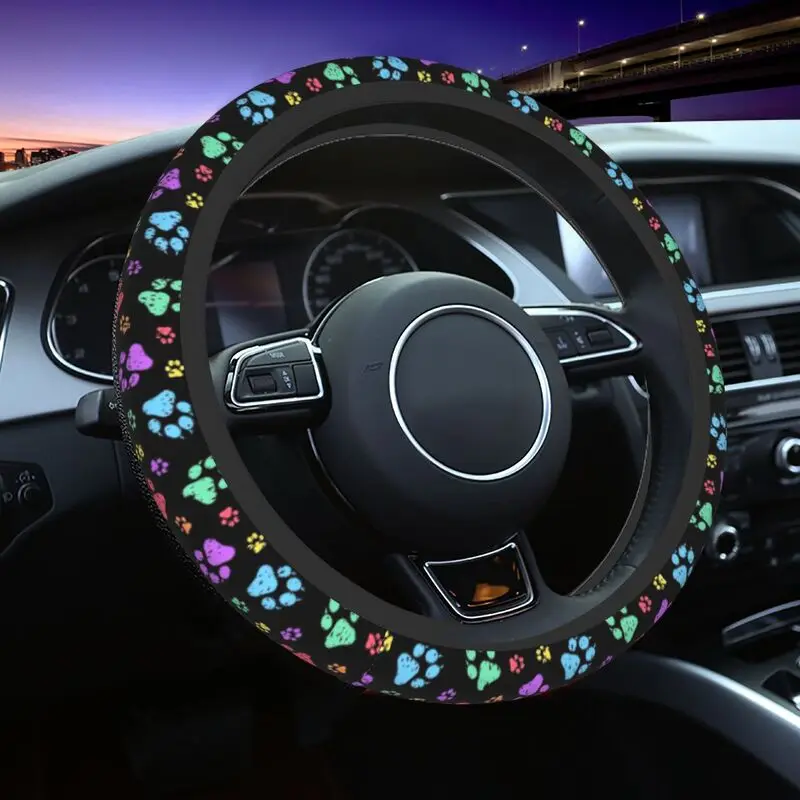 

Винтажный чехол на руль с радужным рисунком собачьей лапы подходит для SUV Противоскользящий автомобильный протектор рулевого колеса 15 дюймов 37-38 см Авто