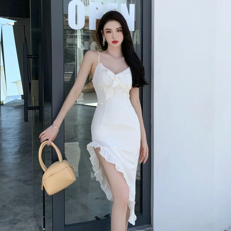 

2022 Summer French Elegant Chiffon Irregular Fishtail Dress White Sling Sexy V-Neck Slim Ruffle Skirt Korean Women's Clothing