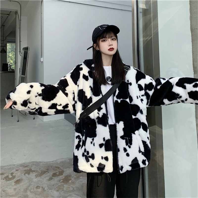 Cows Printing Loose Long Sleeve Jackets Women's Winter Lamb Wool Coat Harajuku Vintage Flannel Keep Warm Cotton Clothes Coats