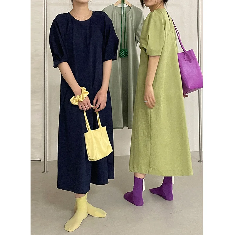 

Puff Sleeves Fashion Women Loose Dress Green /Pink/Rose Color Jelly Candy Summer Y2k Style Lady Long Dresses