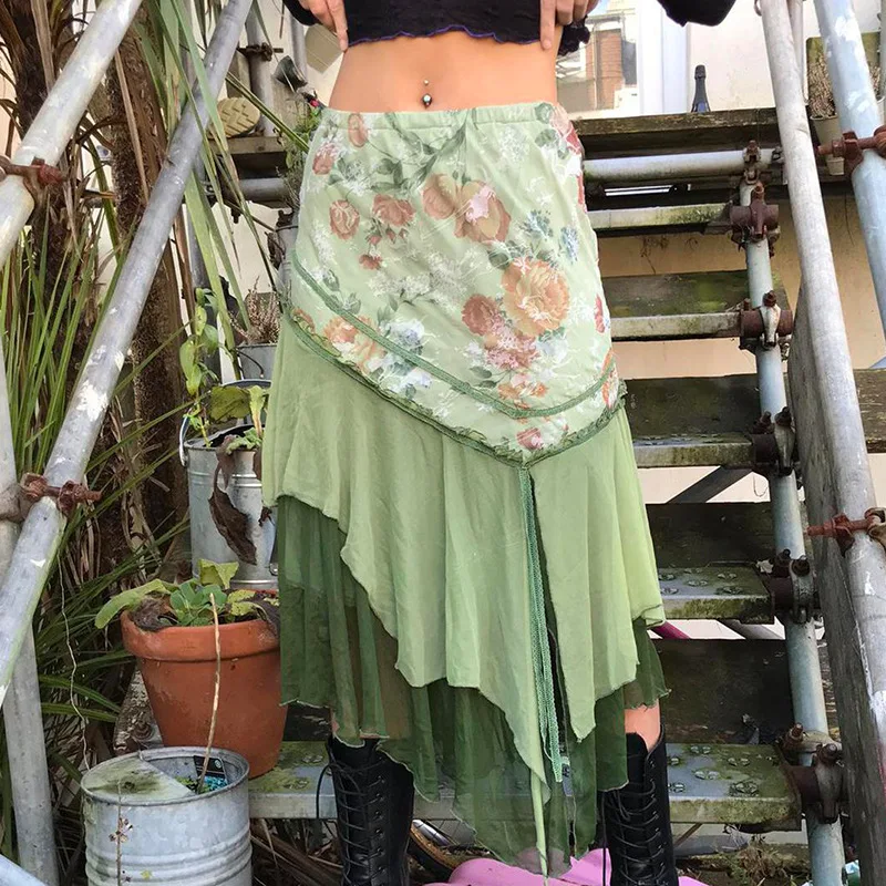 

Summer Slim Sexy Fashion Holiday Patchwork Chiffon Print Elastic Waist Casual Vintage Asymmetrical Skirt Women Girl Skirts