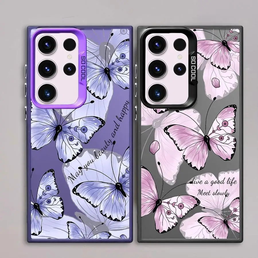 Shockproof Case for Samsung Galaxy S23 S24 S22 Ultra S20 FE S21 Plus Note 20 Hard Shell Phone Cover Pink And Purple Butterfly