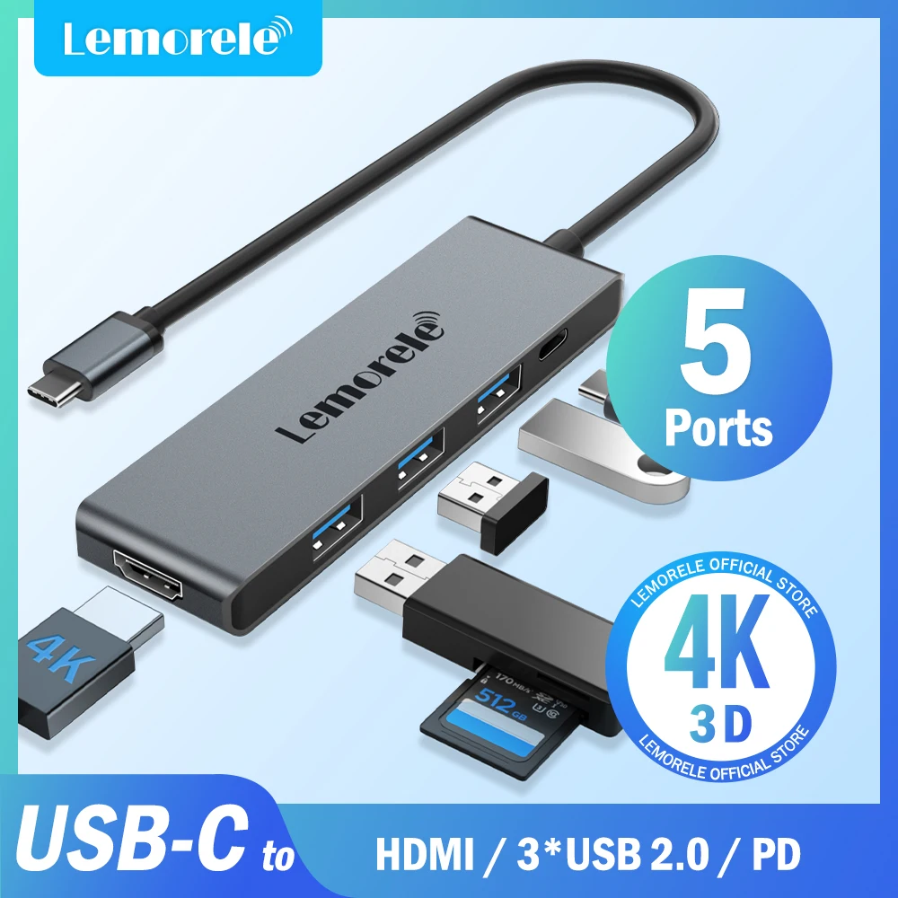 

Lemorele 5-in-1 USB HUB USB C Docking Station HDMI 4K PD 100W Dock for MacBook Pro iPad Pro Samsung Galaxy Note 10 S10