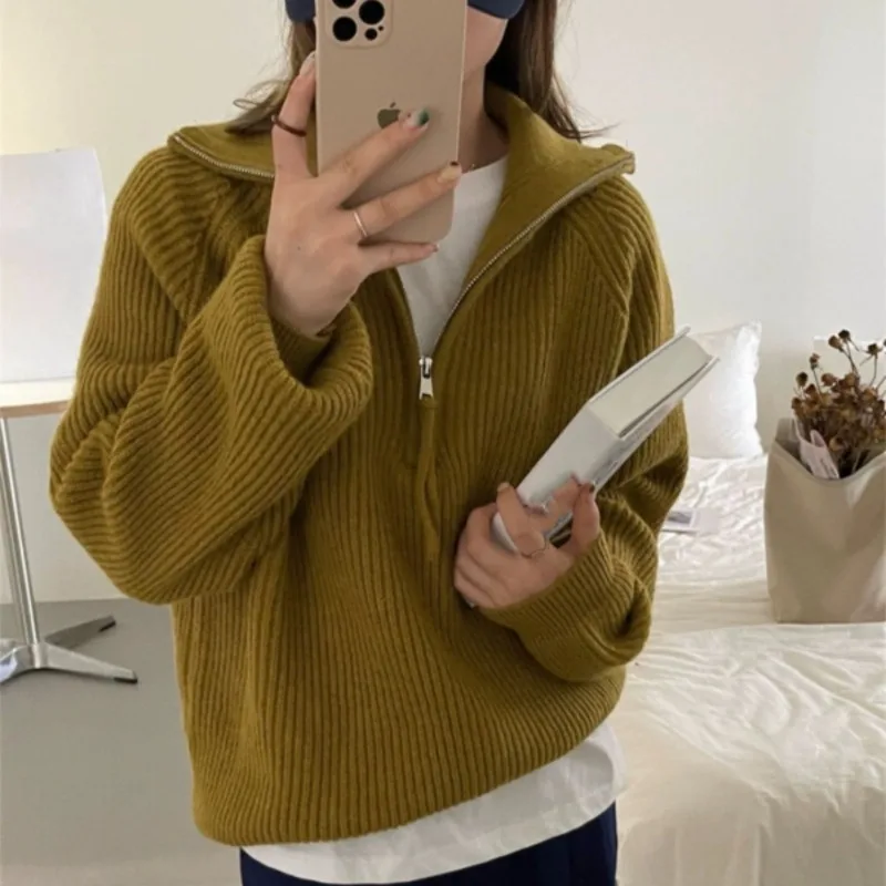 

Zipper trend sweater women's autumn and winter new lapels long lazy wind autumn and winter knitted tops