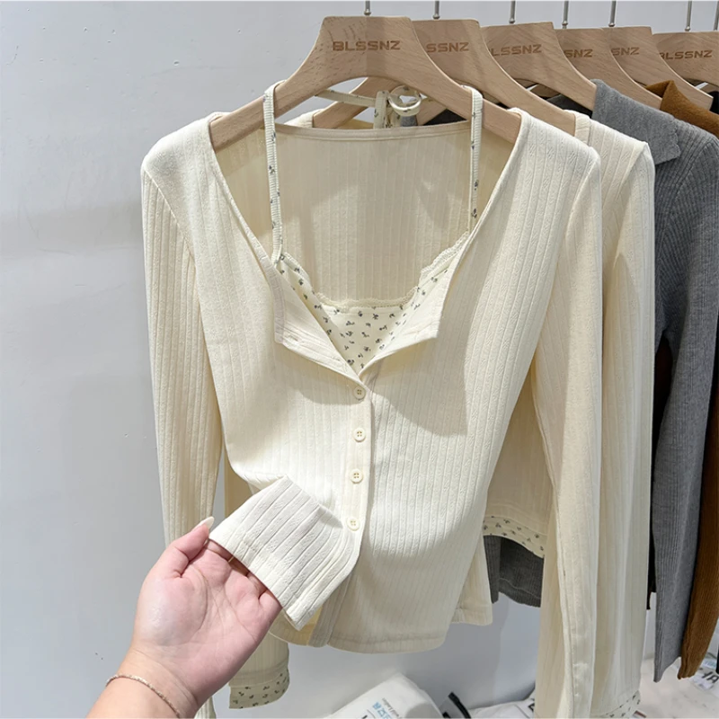 Новые корейские шикарные кружевные футболки из двух частей с цветочным принтом