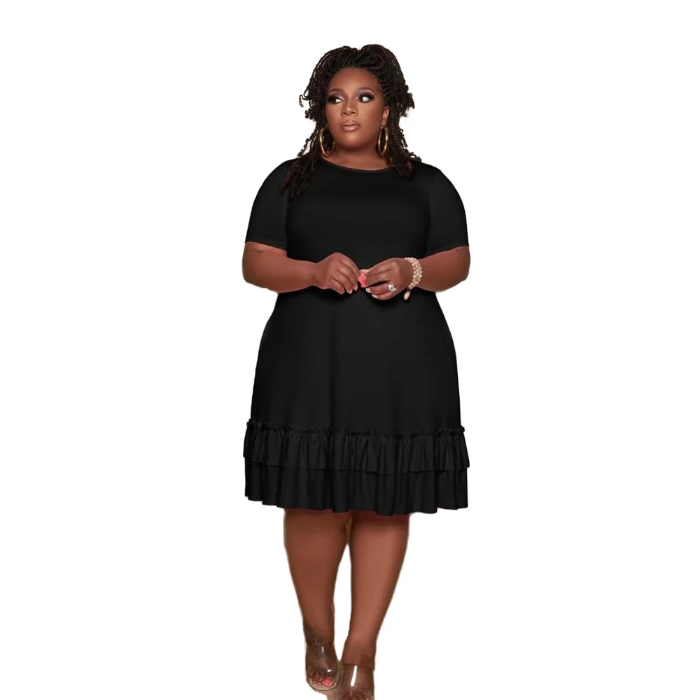 Round Neck Plus Size Dress Ruffle Short Sleeve Temperament Commuting Pleated Solid Color Leisure Club Women's Clothing Wholesale