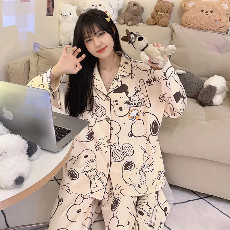Spring New Sleepwear Ladies Cardigan Pajamas Women Cotton Girls Pajama Suits Lapel Loose Long-sleeved Pants Casual Home Wear Set