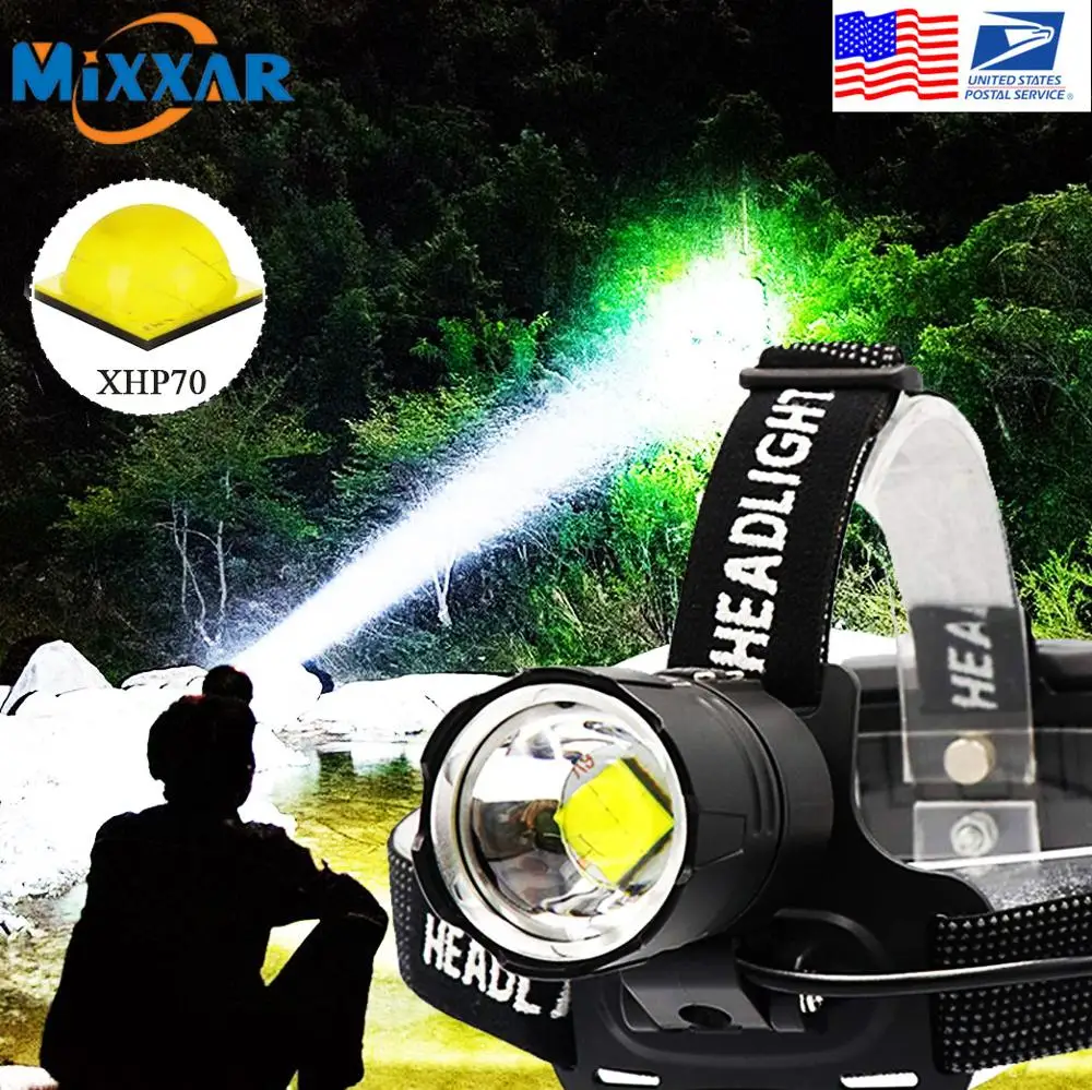 

XHP70 LED Rechargeable Outputable Head Flashlight 3 Modes Zoomable Waterproof Headlight