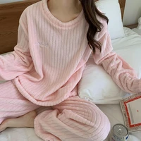 houzhou pajamas for women solid color stripes fleece pijamas winter female set sleepwear nightwear two piece sets pyjamas