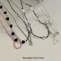 goth harajuku vintage punk heart pendants black pink beaded choker necklaces for women bff charm y2k grunge jewelry 90s gifts