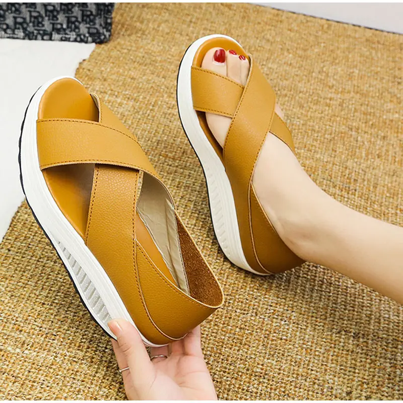 

2022 Sandals Women Slip on Wedges Heels Ladies PU Leather Casaul Summer Shoes Female Pltaform Fashion Two Wear Sandals Footwear