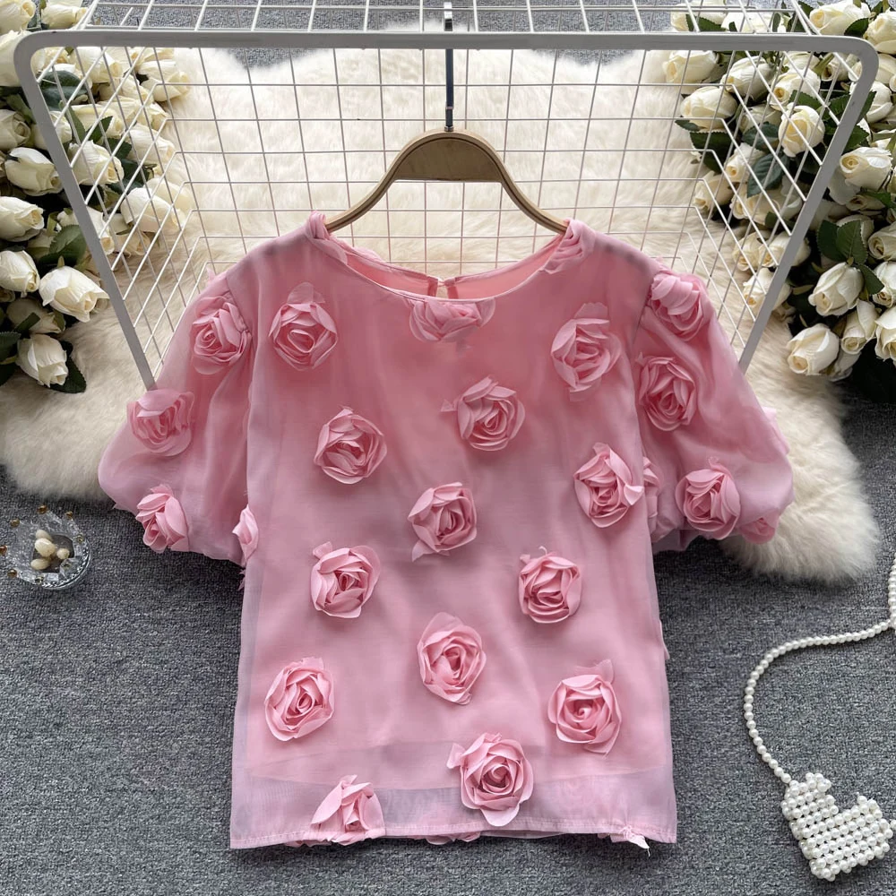 

Summer French Round Neck Three-dimensional Flower Bubble Sleeve Shirt Niche Chic Top