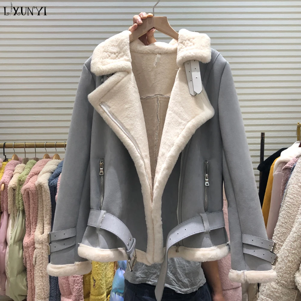 Winter Sheepskin Jacket Women Turn Down Collar Warm Zipper Lambs Wool Coats Lamb Fur Faux Motorcycle Suede Leather Jackets