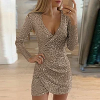 sequins decoration glitter dresses female gold silver color spring autumn long sleeve sexy bodycon deep v neck party mini dress