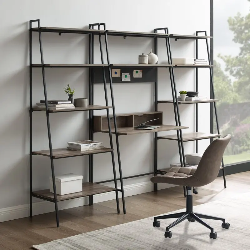 

Industrial Open Bookshelves and Desk Set, Grey Wash