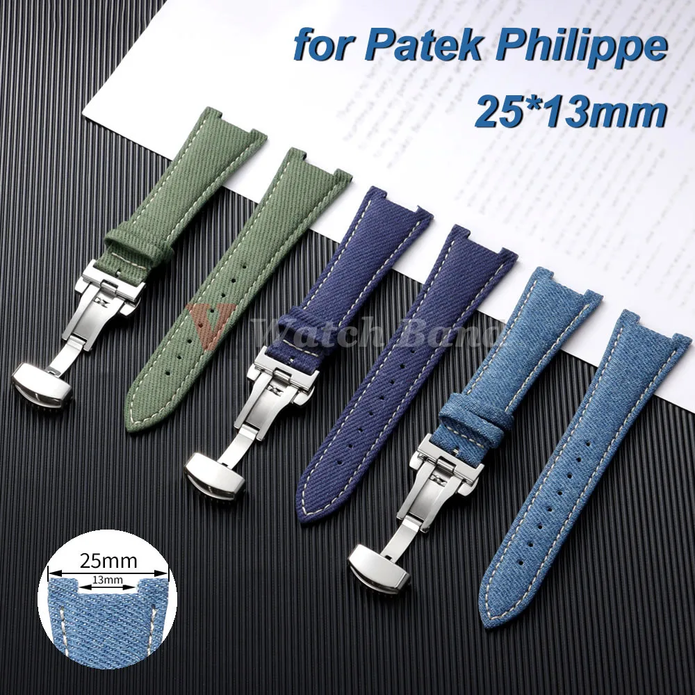 Фото Ремешки для часов Patek Philippe Nautilus Series 25*13 мм из джинсовой ткани, нейлона и воловьей кожи, для моделей 5711, 5712, 7010G, деловой винтажный браслет для часов №1