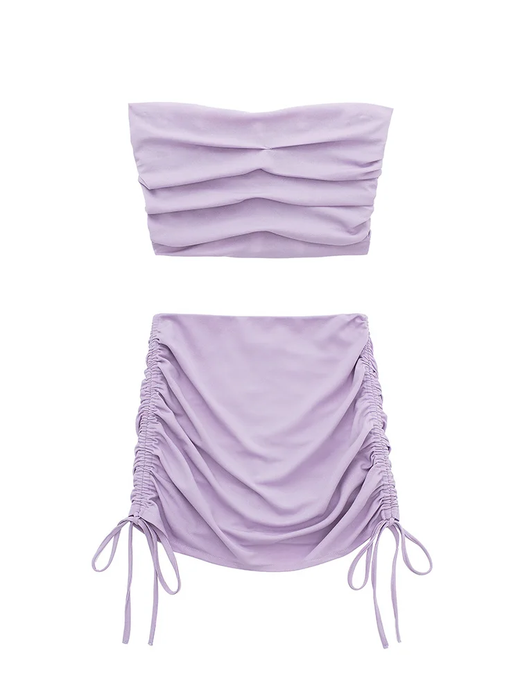 

Облегающие сексуальные летние комплекты с рюшами, женские наряды, укороченный топ без бретелек и боковой шнурок, мини-юбка с высокой талией,...