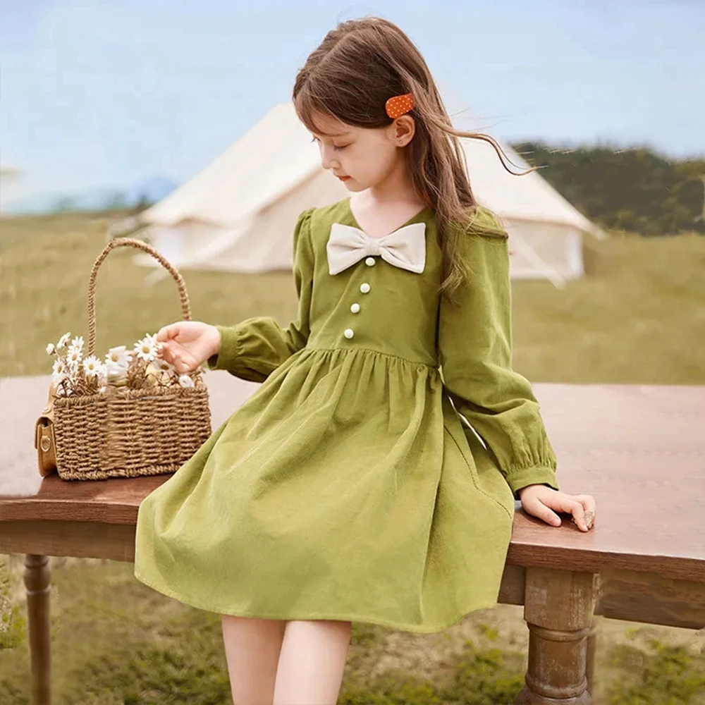 

2023 Spring Girls Corduroy Long Sleeve Dress Children V Neck Bow Green Beige Princess Dress Kids Casual Cute Dresses for Girls 9