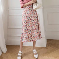 women fashion high waist a line mid length skirts floral print casual female long skirts holiday summer chiffon elastic waist