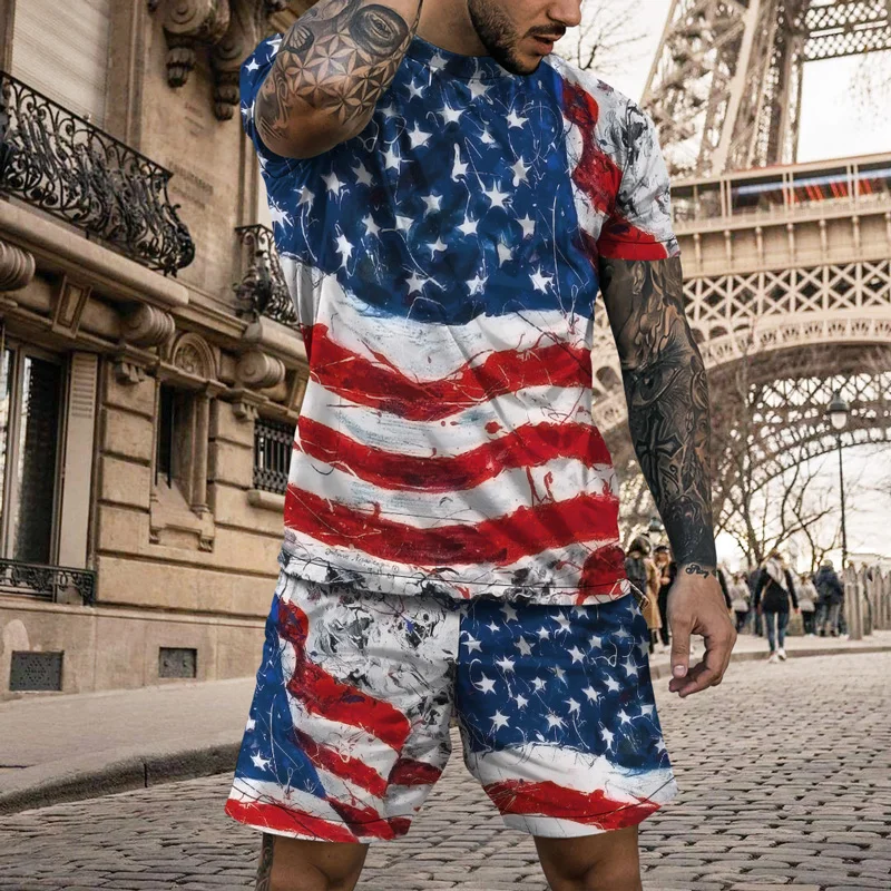New Summer Men's T Shirt Set 3D USA Flag Printing Daily Casual Sportswear Cool Fashion Clothing Oversized Short Sleeve Tracksuit