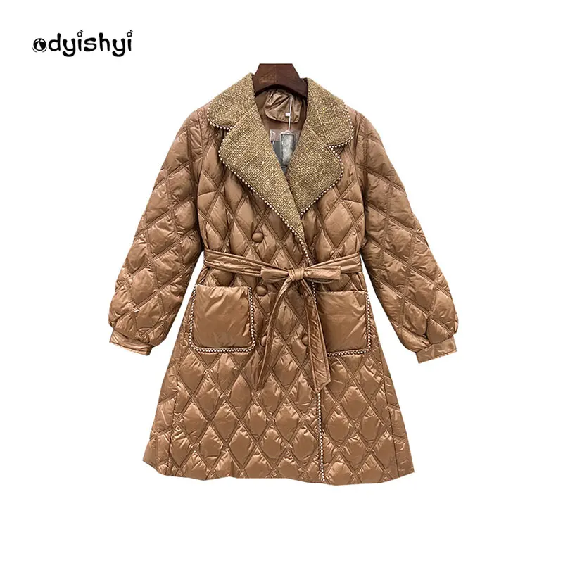 

2022 New Fashion Women's Winter Puffer Jacket Suit Collar Waist Mid Long Slim Temperament White Duck Down Coat Female Warm