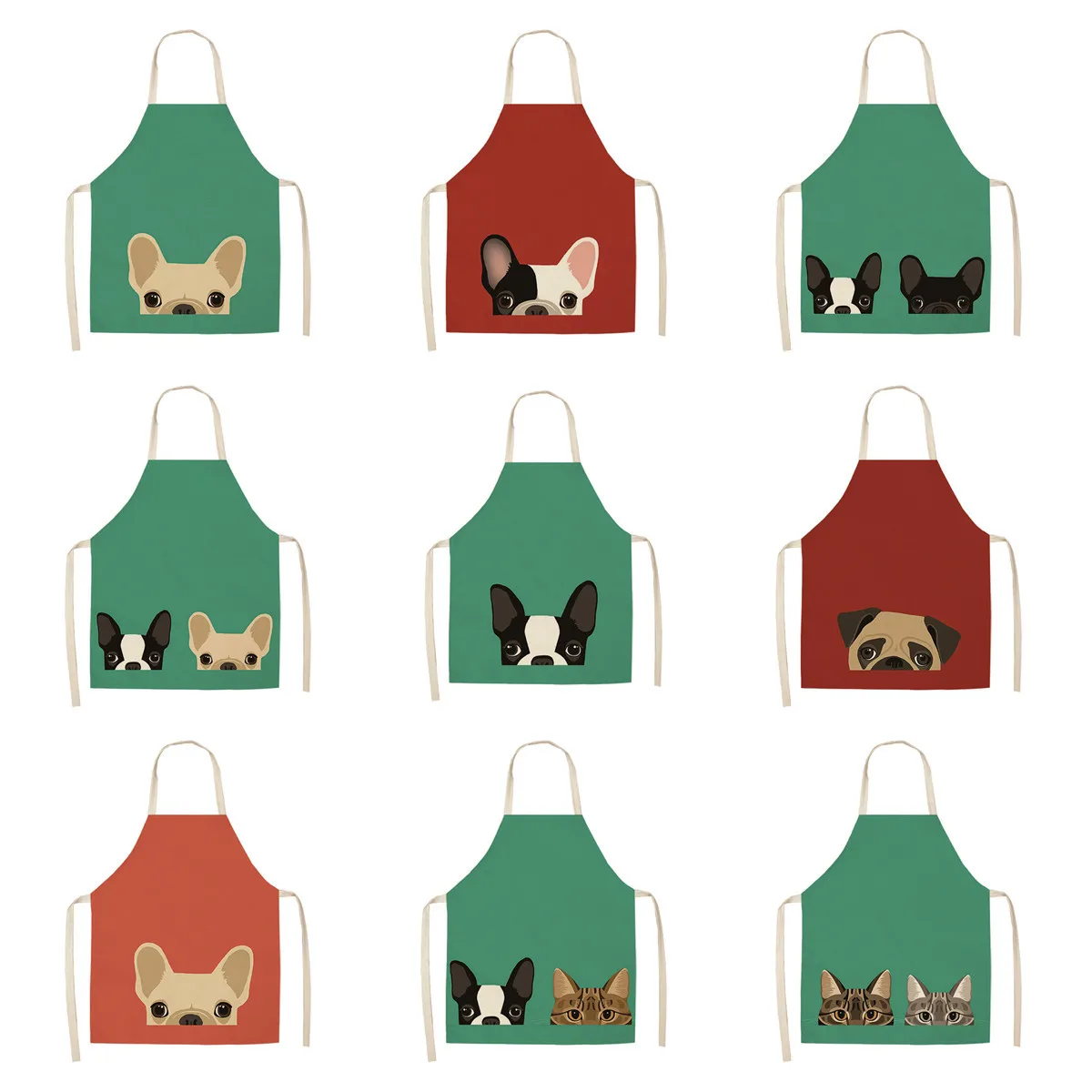 

1 Pcs Cute Cartoon Dog Cat Printed Kitchen Aprons Cotton Linen Home Cooking Baking Coffee Shop Cleaning Accessory