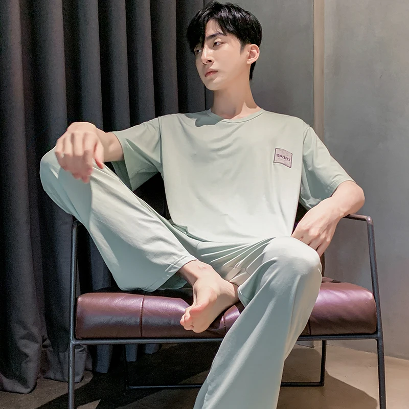 

Летняя мягкая Модальная Пижама, мужские длинные брюки с коротким рукавом, одежда для сна