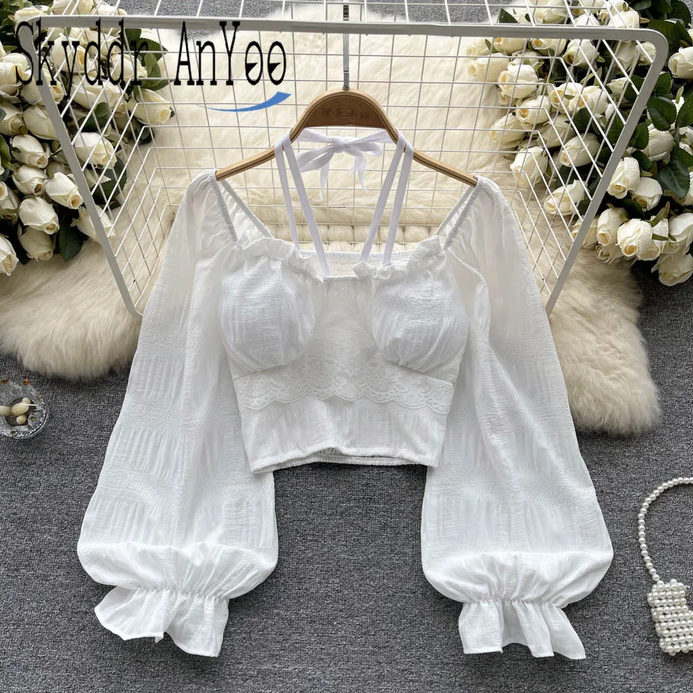 

Женская винтажная блузка с открытыми плечами, Белый Элегантный укороченный топ с лямкой на шее и длинным рукавом-фонариком, лето 2023