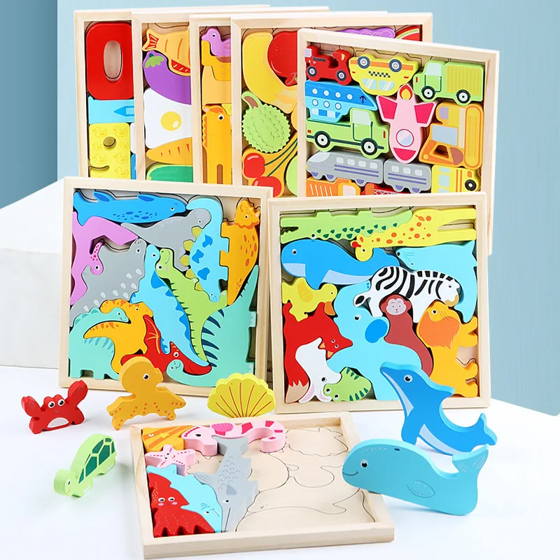 

3D головоломки с мультяшными животными, деревянные игрушки для детей, детская доска для рук, фрукты, овощи, транспортное средство, деревянные...