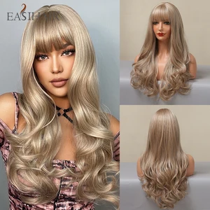 EASIHAIR Long Ash Blonde Wavy Synthetic Wigs for Women Brown Natural Hair Wig with Bangs Cosplay Heat Resistant