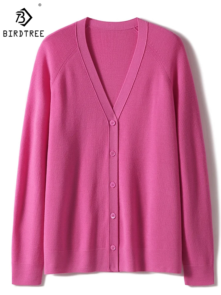 

Birdtree 100%Wool Cardigan Sweater V-neck Solid Simple Lazy Style Versatile Casual Comfortable Commute Knitwear Fall T3N122QD