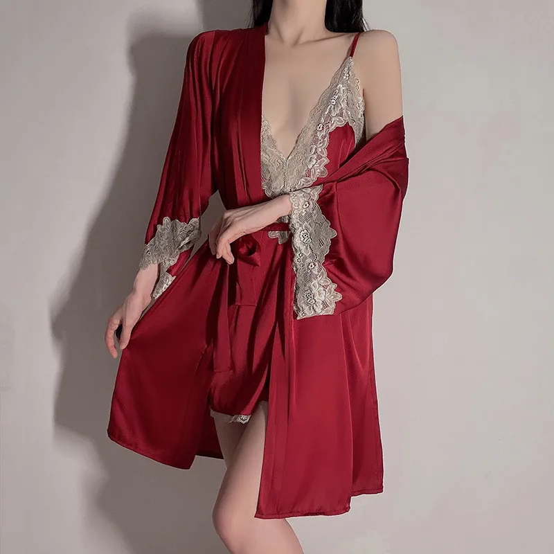 

2PCS Lace Applique Kimono Robe Gown Set Women Sexy Backless Nighty Bathrobe Suit V-Neck Home Clothing Loose Satin Homewear