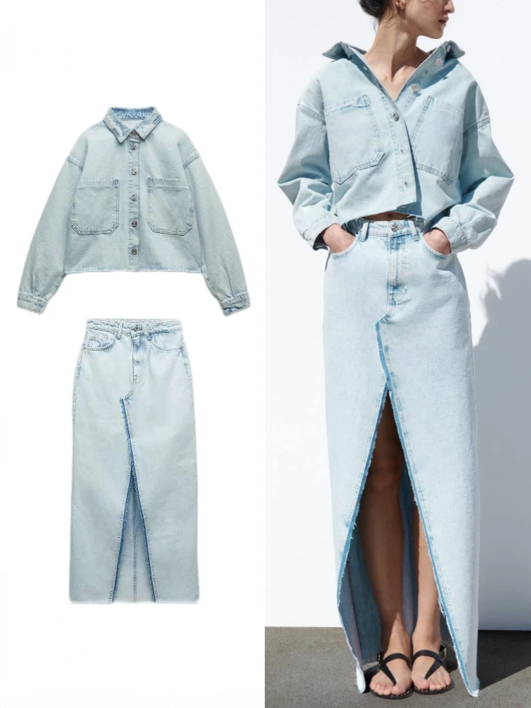 

Women's Summer New Lapel Long Sleeve Single Breasted Unstitched Hem Short Denim Jacket Washed Slit High-rise Midi Denim Skirt