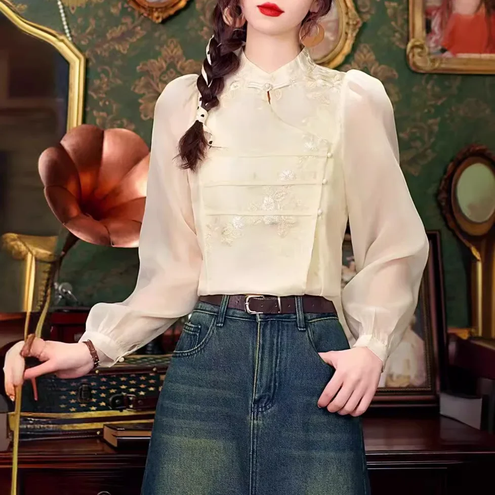 Новый женский ранний весенний дизайн в китайском стиле улучшенный топ с