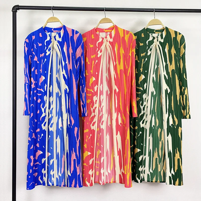 

Miyake 2022 spring and summer new women's lapel printed windbreaker casual all-match mid-length design cardigan coat