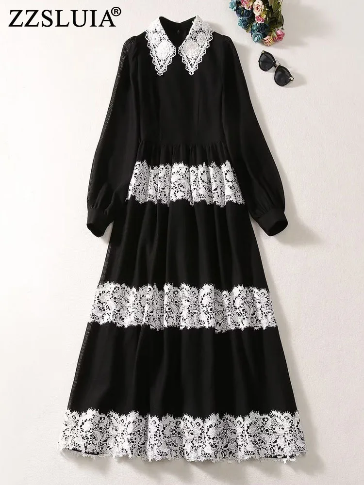 

ZZSLUIA винтажные платья для женщин Водорастворимая Вышивка Лоскутное тонкое длинное черное платье Модная женская одежда с длинным рукавом