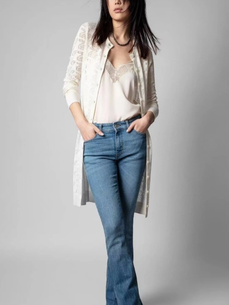 

2022 Autumn Winter New Zadi Crew Neck Letter Hollow Out Single Breasted Wool and Cashmere Blend Knit Cardigan