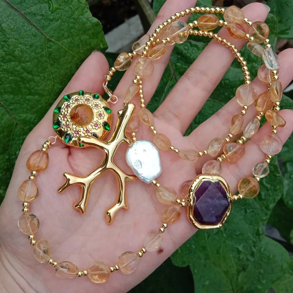 Длинное ожерелье с уникальным натуральным драгоценным камнем YYGEM 10 мм цитрин 22x28