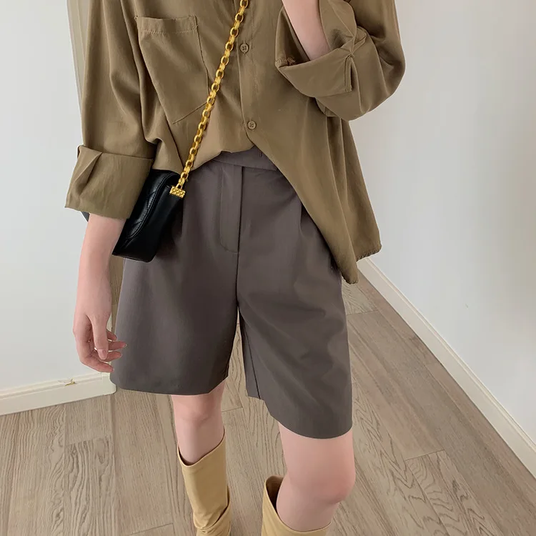 

2022 Summer Suit Shorts Woman High Waist Wide Leg Shorts Women Solid Color Casual Half Trousers Loose Knee Length Pants Femme