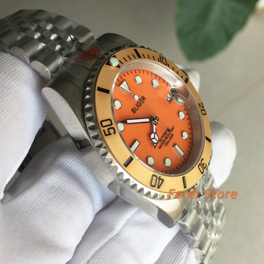 New 40mm BLIGER Watch Orange Dial Ceramics Bezel NH35 Sapphire Jubilee Bracelet Fashion Luminous Automatic Business Men's
