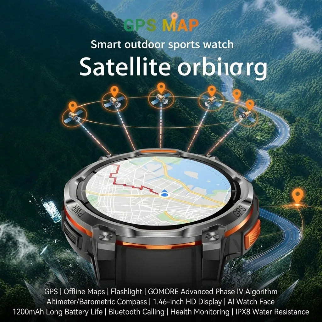 Фото 2026 Новые военные смарт-часы VWAR с GPS, офлайн-картами, водонепроницаемостью 5ATM, батареей 1200 мАч, альтиметром, компасом, Bluetooth-звонками, функциями фитнеса и спорта для мужчин. №3