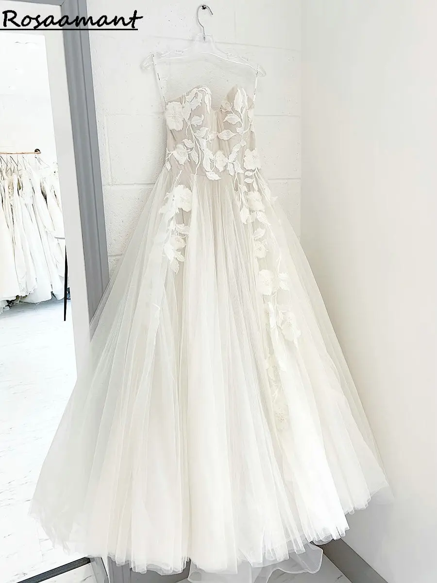 

Real Image Sweetheart Sleeveless Wedding Dresses A-Line Illusion Floral Appliques Lace Boho Country Bridal Gowns