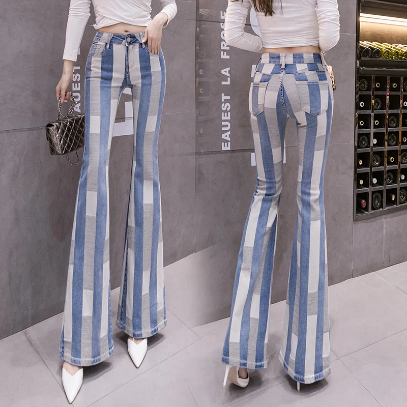 

Waist Mujer Spring Ladies Contrast Pants Pantalones Stripe Mid Color Women Panelled Trousers For Flares Women Fashion Jeans