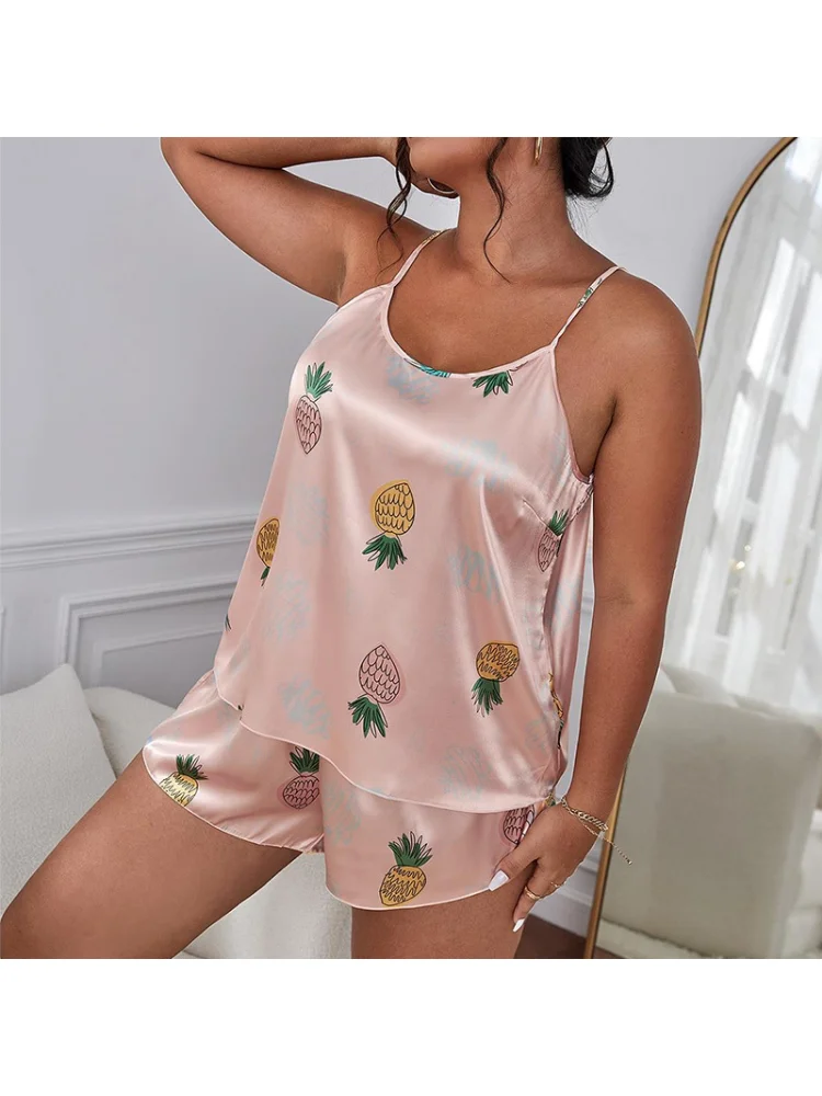 Pajamas cartoon pineapple simple suit casual comfort home suspender shorts plus size two piece sets