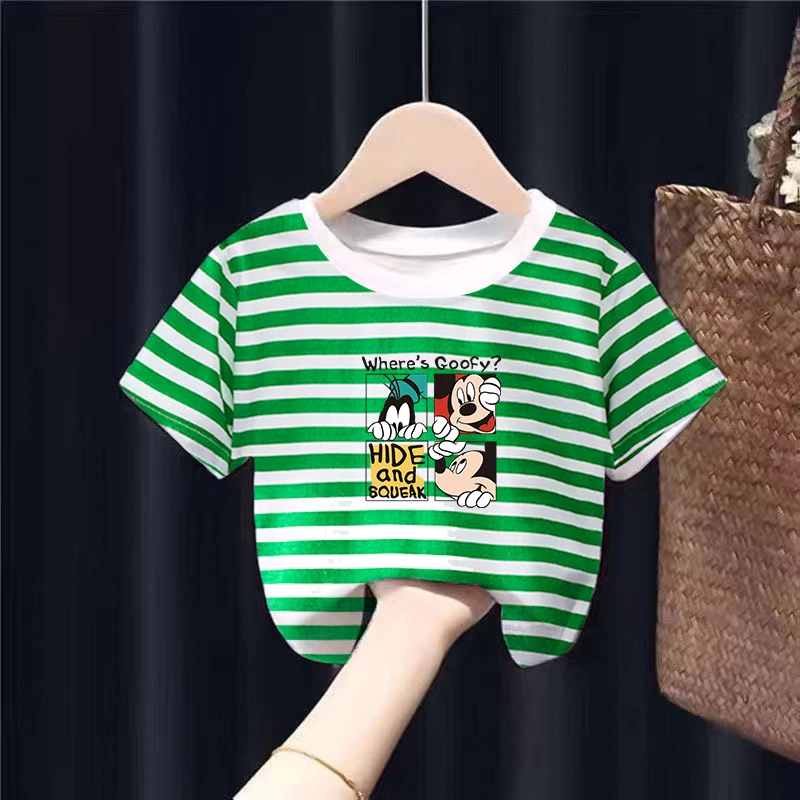 Disney Cotton T Shirts Cartoon Trendy Fashion Short-sleeved Tops Toddler Baby Donald Duck Print Summer Strip Cute Tees Girls
